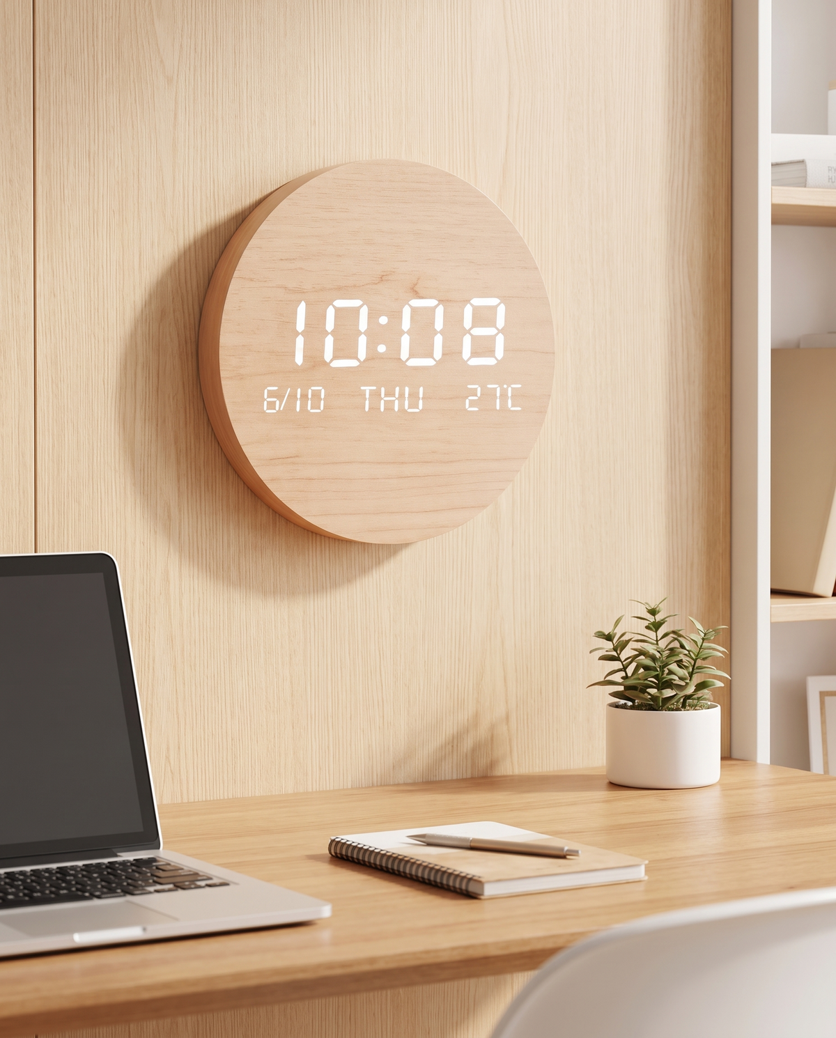 Cordless Rechargeable Digital Wall Clock in a bright home office