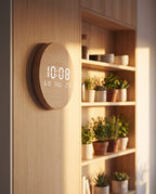 Cordless Rechargeable Digital Wall Clock in a cozy Scandinavian kitchen