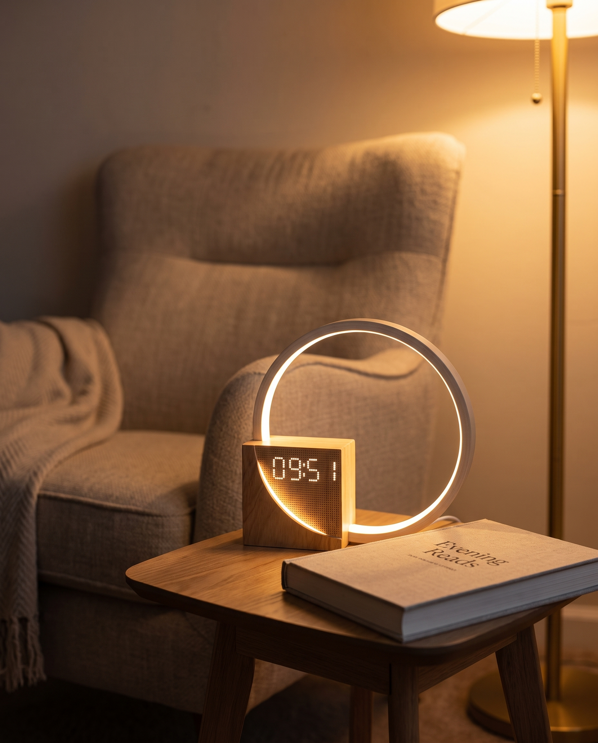 Essential Sunrise Simulation Alarm Clock on a cozy reading nook side table