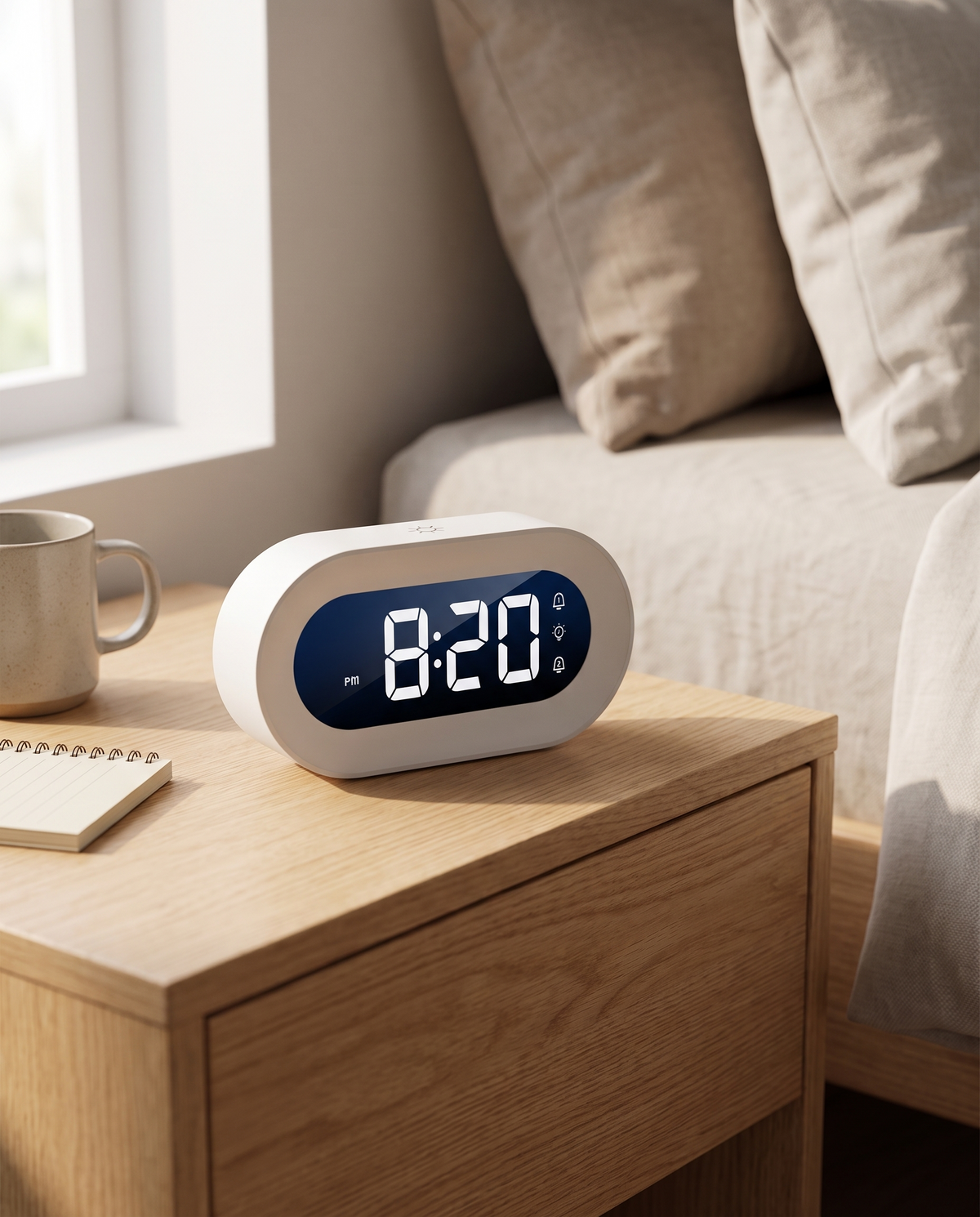 Digital Compact Alarm Clock on a travel hotel-room nightstand