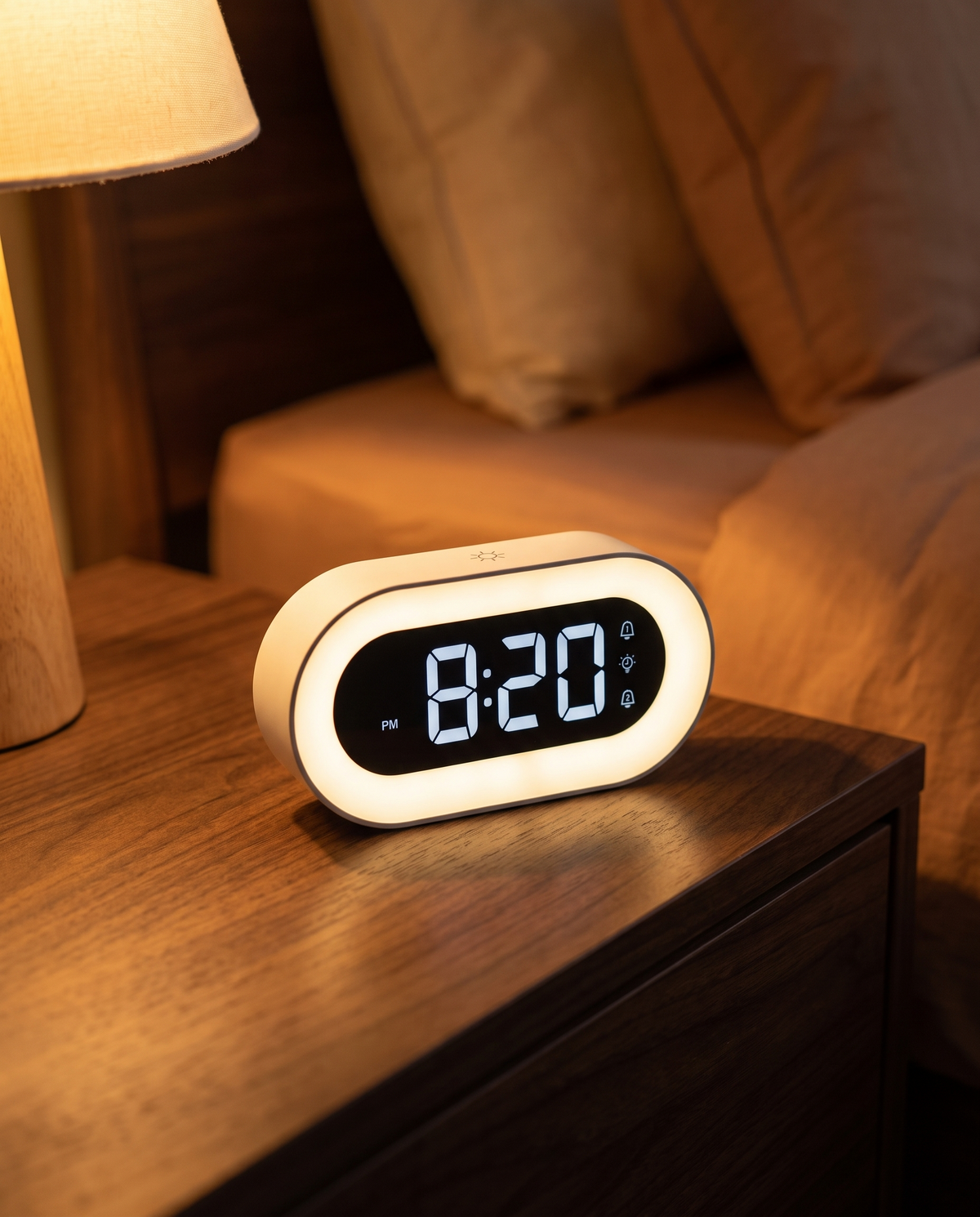 Digital Compact Alarm Clock on a calm bedroom nightstand