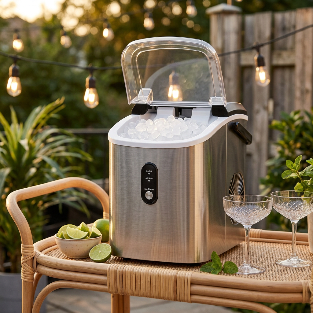 Executive Portable Compact Countertop Ice Maker on an outdoor patio bar cart