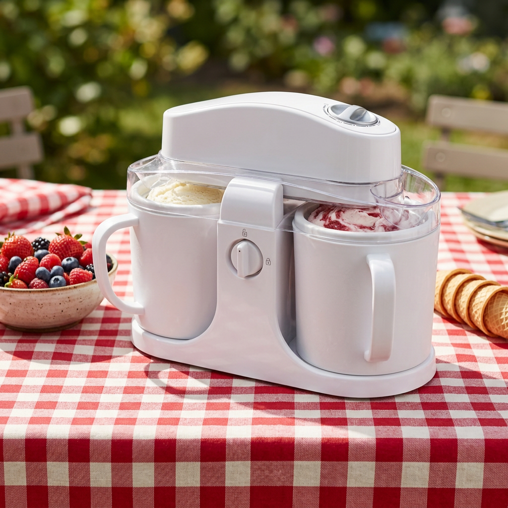 Refined Compact Dual Ice Cream Maker at a family kitchen counter