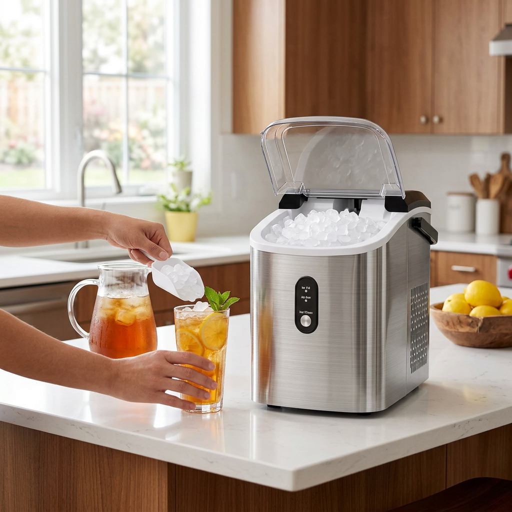 Executive Portable Compact Countertop Ice Maker on a kitchen island with iced tea