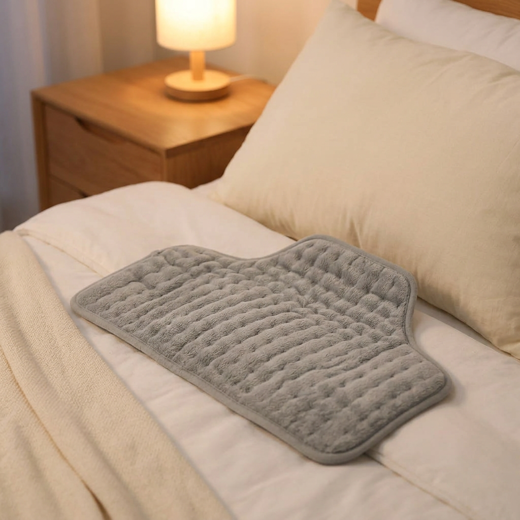 Corded Electric Heating Pad and Heat Wrap in use in a bedroom