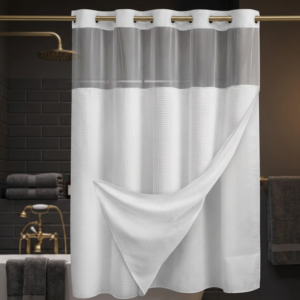 Hookless Waffle Shower Curtain with Snap-In Liner in a boutique hotel bathroom