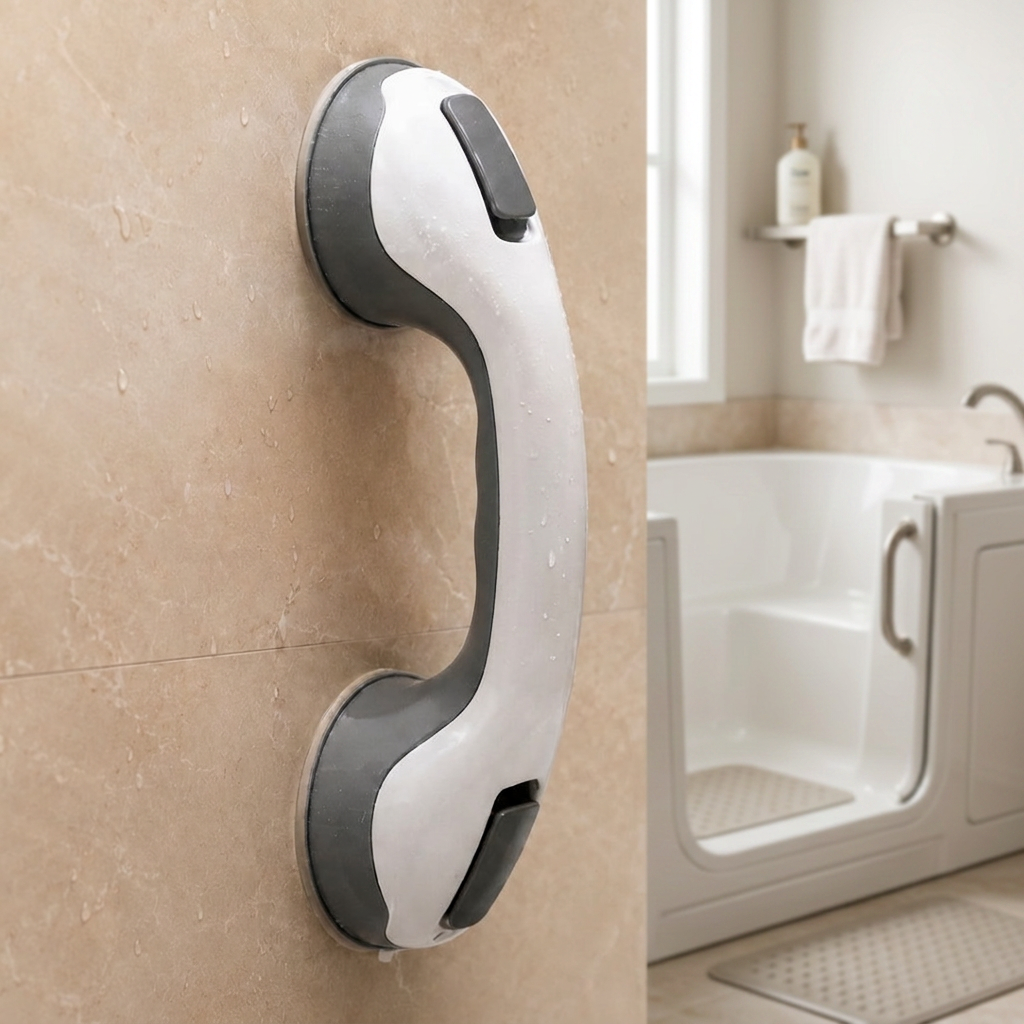 Curated Suction Shower Grab Bar in a senior-friendly bathroom