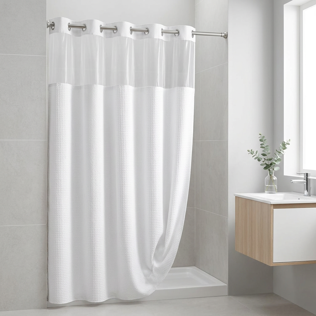 Statement Shower Curtain in an upscale minimalist bathroom