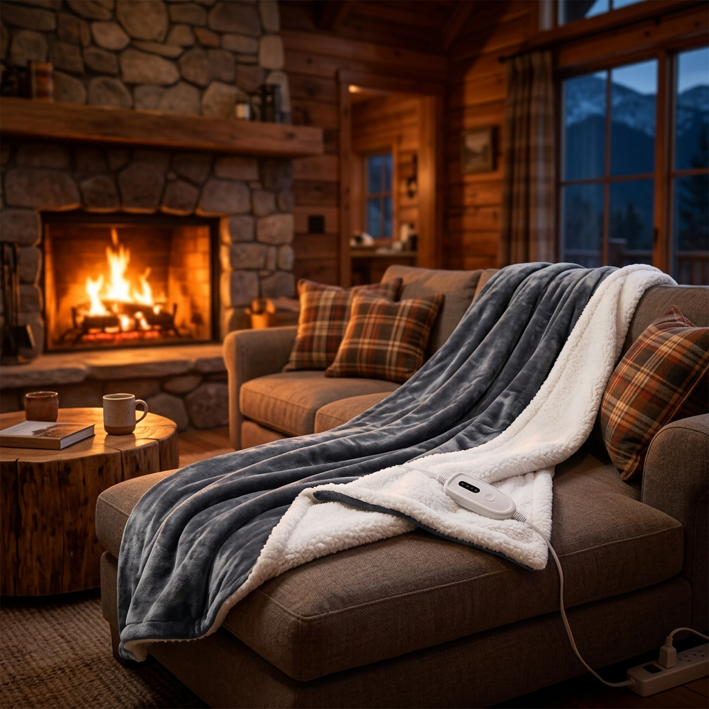 Understated Electric Heated Blanket on a bed in a bright bedroom