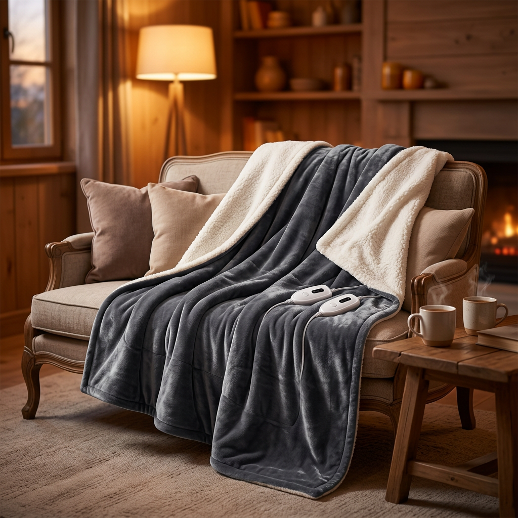Sophisticated Electric Dual Heated Blanket draped over a loveseat
