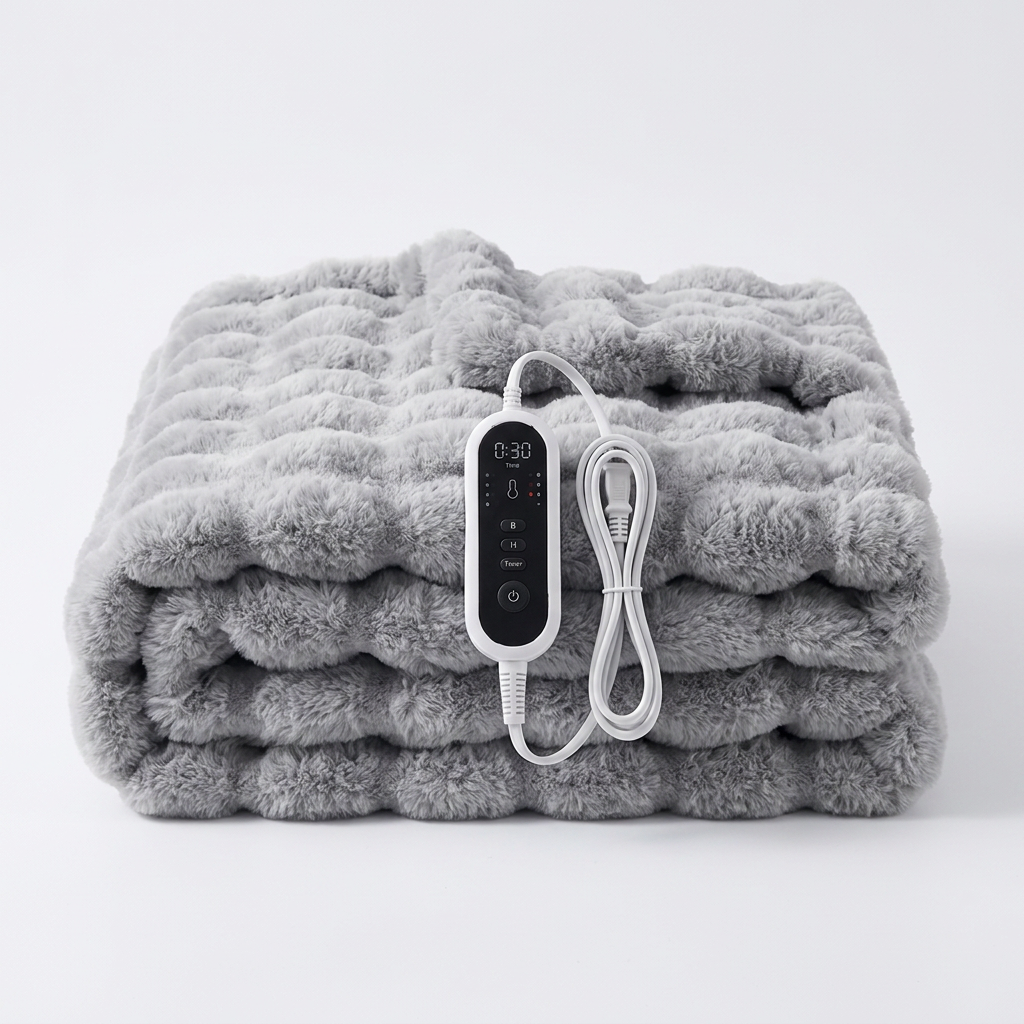 Understated Electric Heated Blanket draped over an armchair in a cabin reading nook