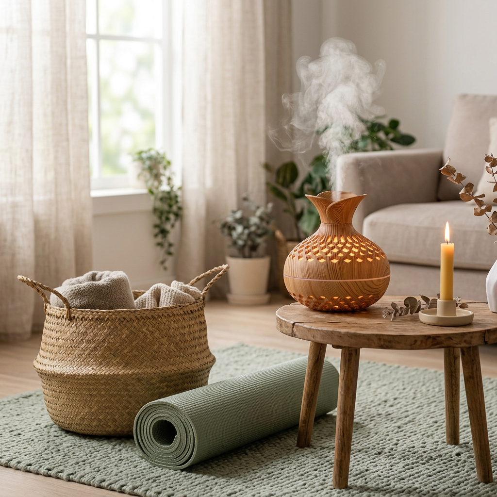 Handy LED Wood Cool Mist Humidifier in a yoga meditation corner