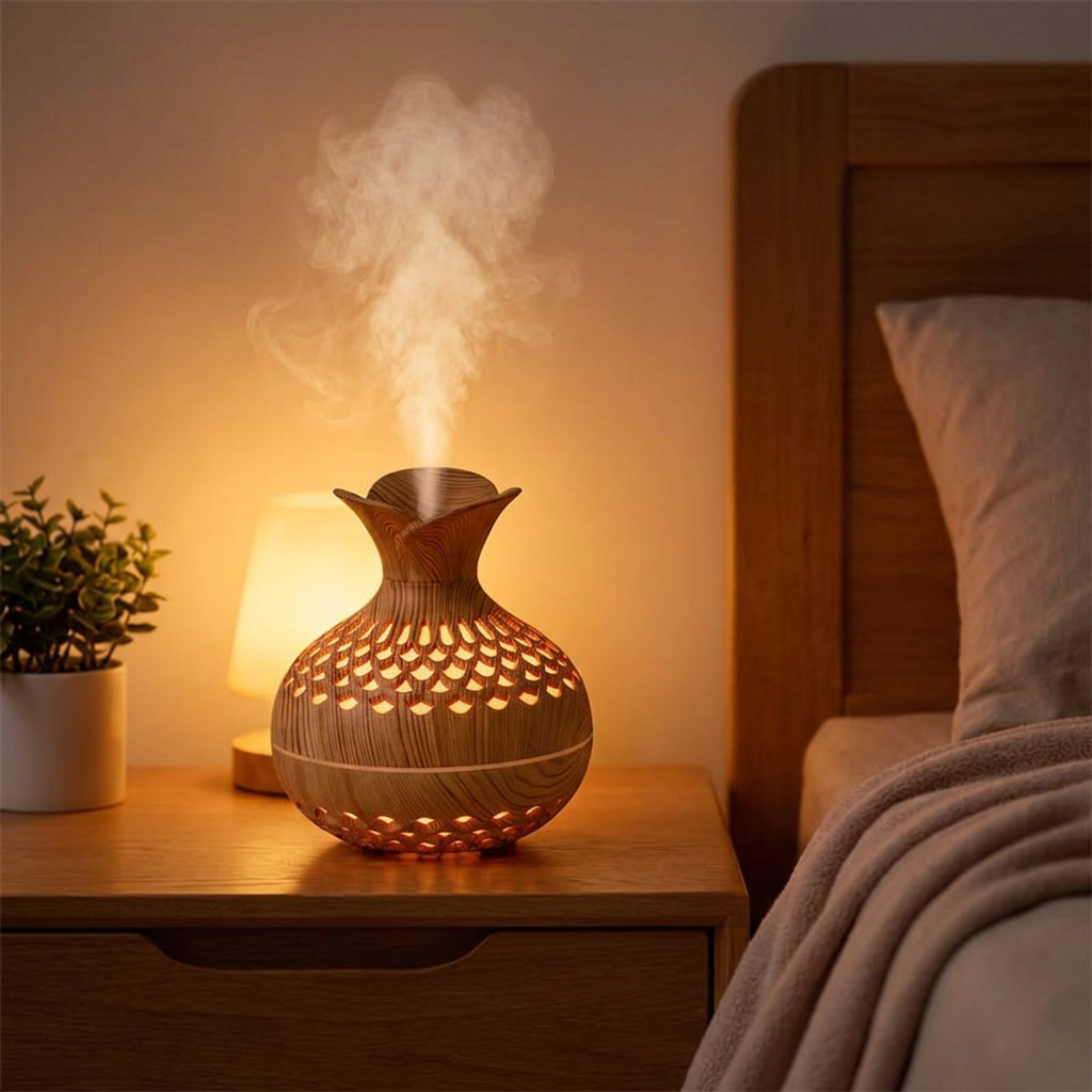 Handy LED Wood Cool Mist Humidifier on a bedroom nightstand
