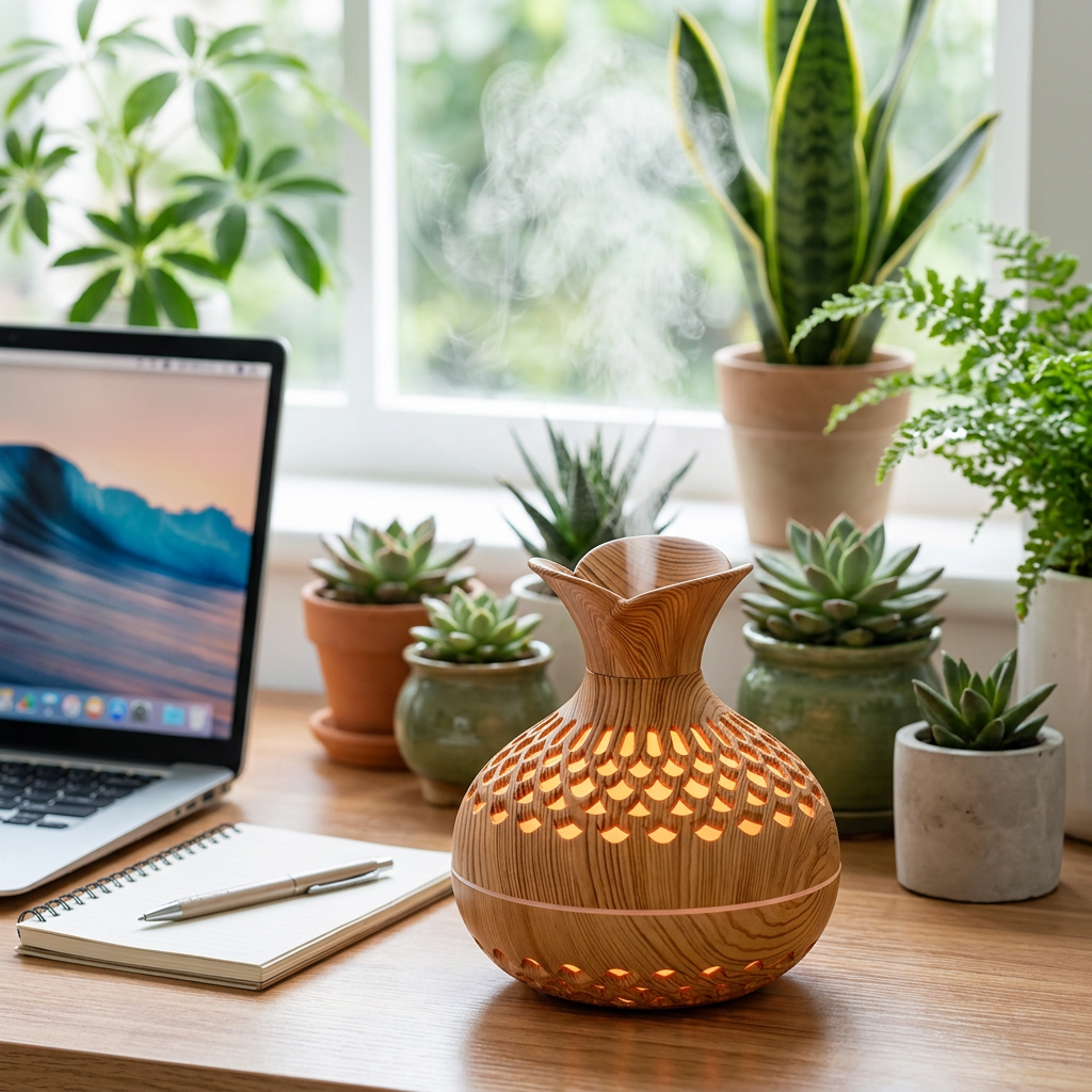 Handy LED Wood Cool Mist Humidifier on a home office desk