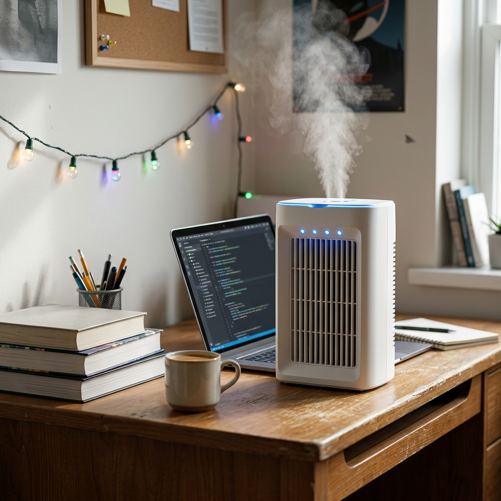 Everyday-Ready Portable Compact Cool Mist Humidifier on a dorm room desk