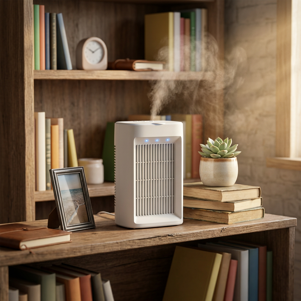 Everyday-Ready Portable Compact Cool Mist Humidifier on a home office bookshelf