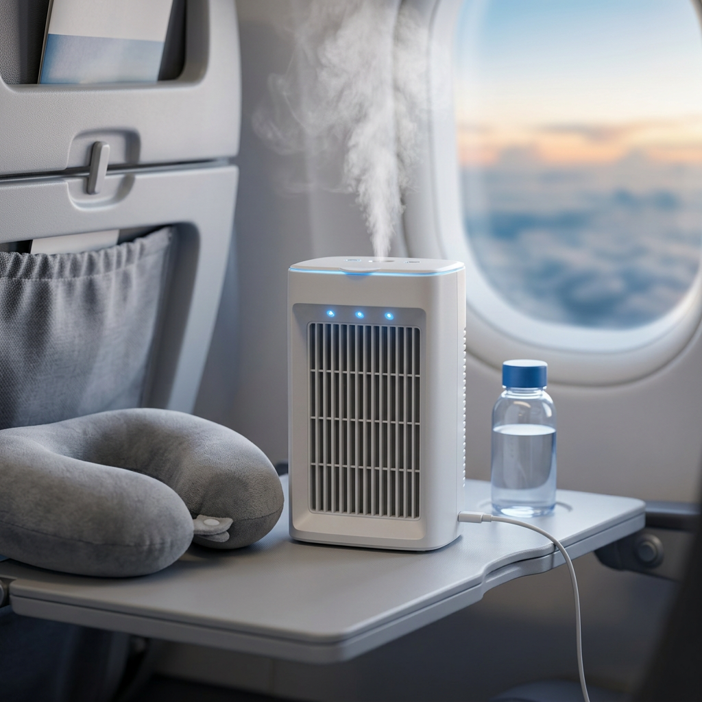 Everyday-Ready Portable Compact Cool Mist Humidifier on a travel tray table