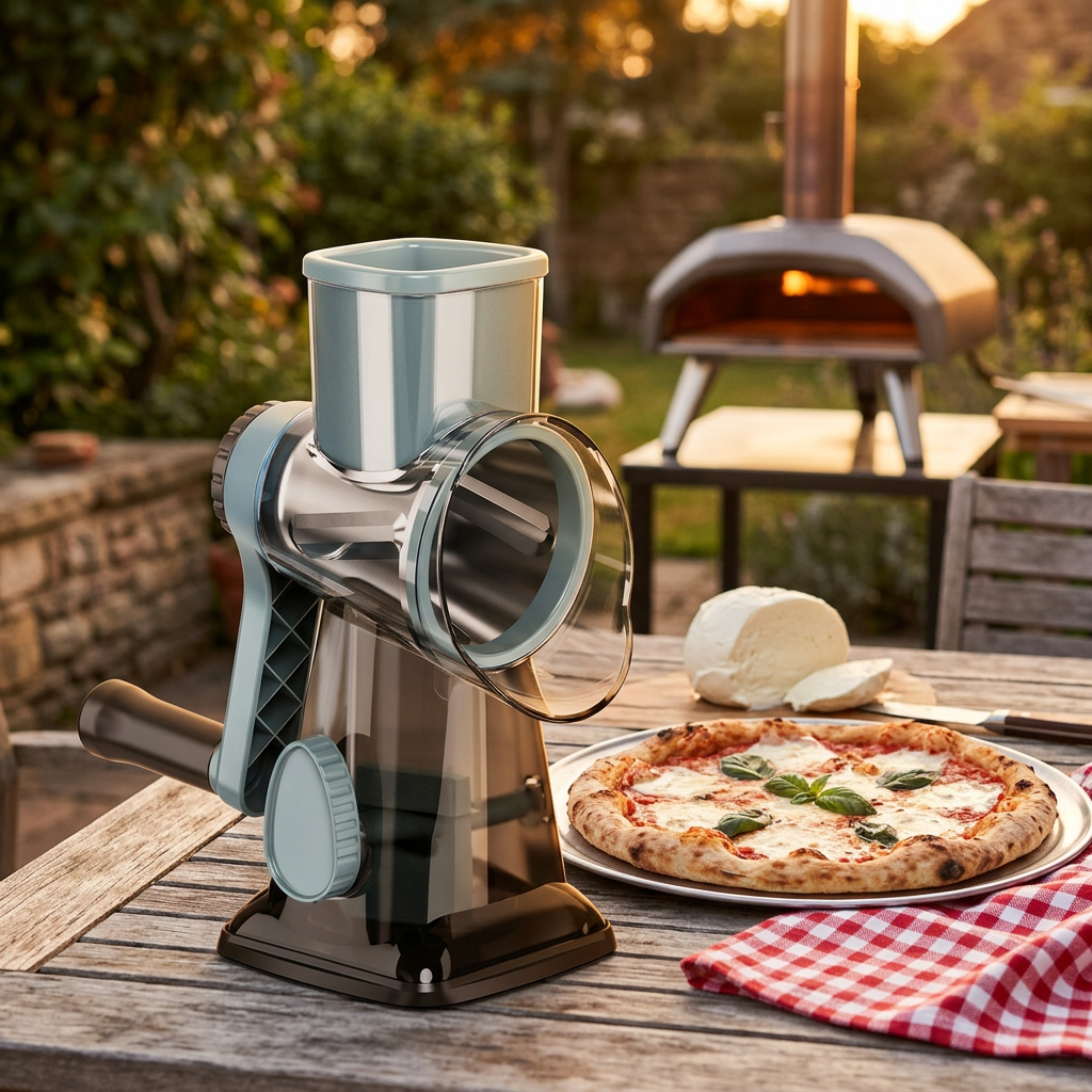 Space-Smart Stainless Steel Rotary Cheese Grater in a rustic Italian kitchen