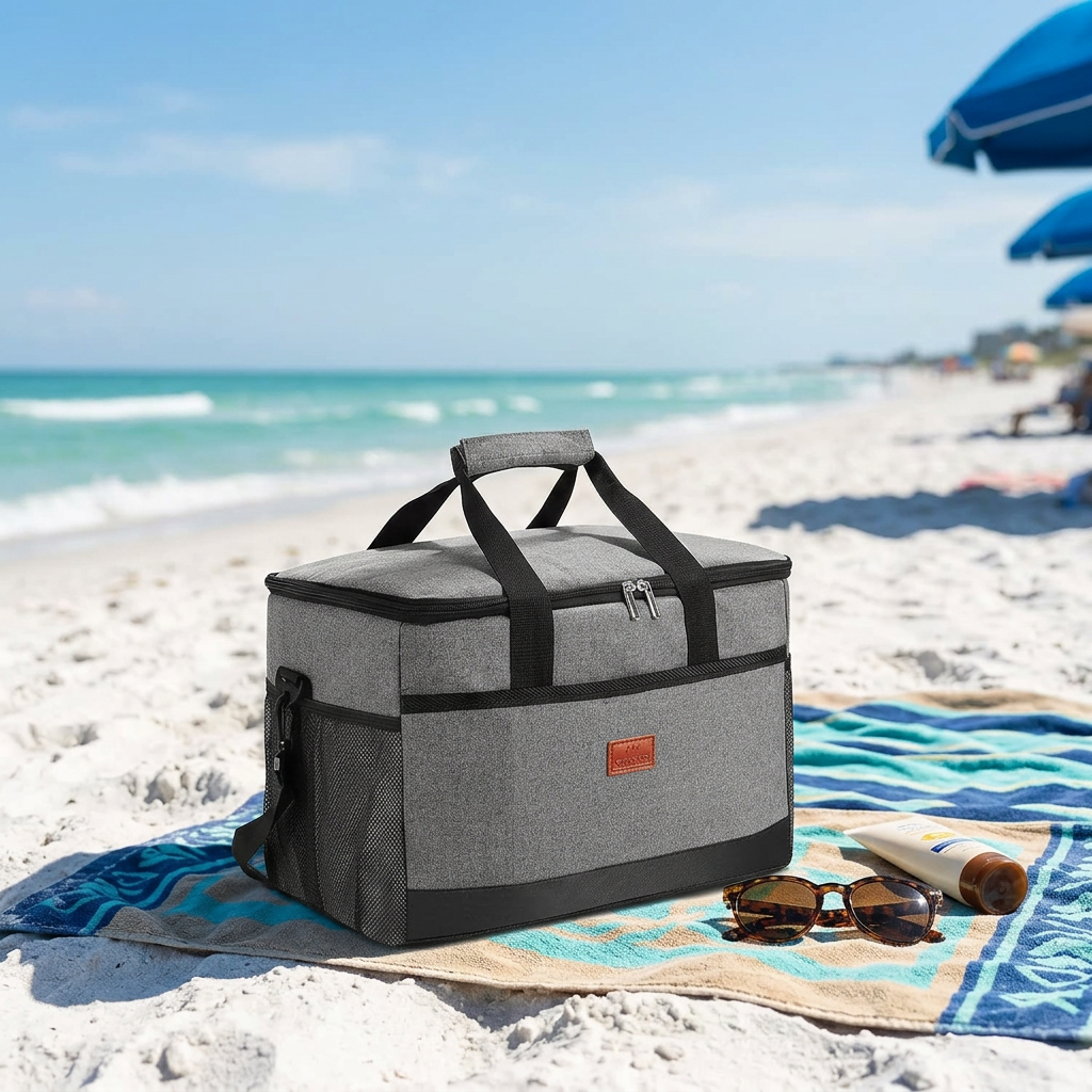 Energy-Efficient Waterproof Insulated Cooler Bag on a sunny beach