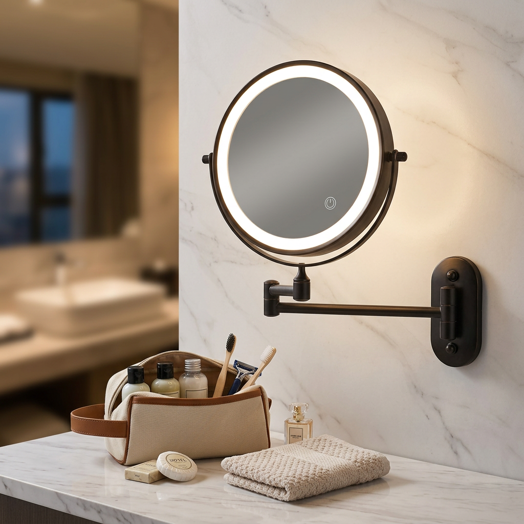 Home-Series Rechargeable LED Vanity Mirror on a travel hotel bathroom counter