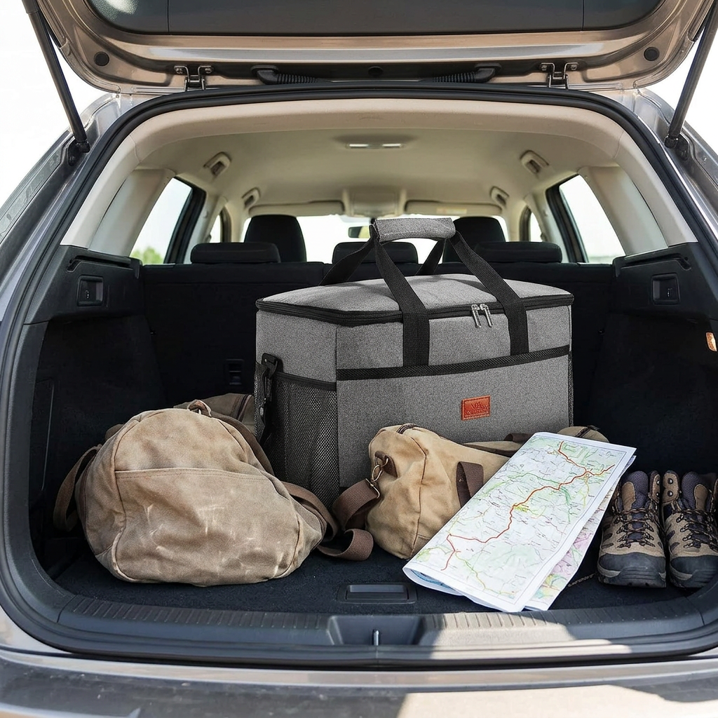 Energy-Efficient Waterproof Insulated Cooler Bag packed in a car trunk for a road trip