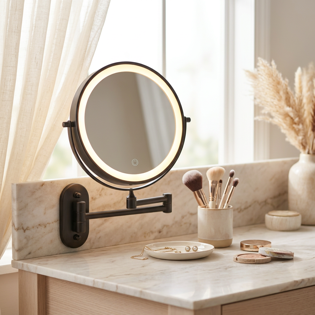 Home-Series Rechargeable LED Vanity Mirror on a bedroom vanity desk