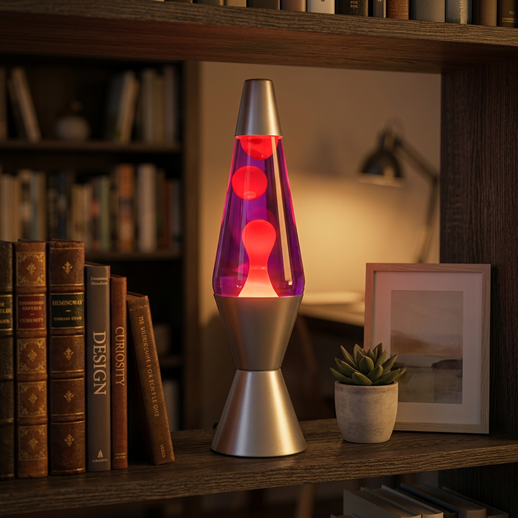 Modern-Design Retro Lava Lamp glowing on a home office bookshelf