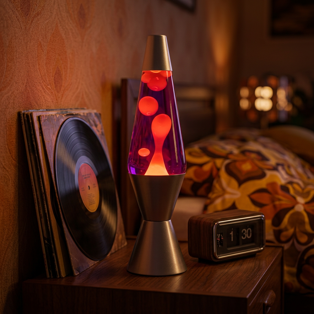 Modern-Design Retro Lava Lamp glowing on a retro bedroom nightstand