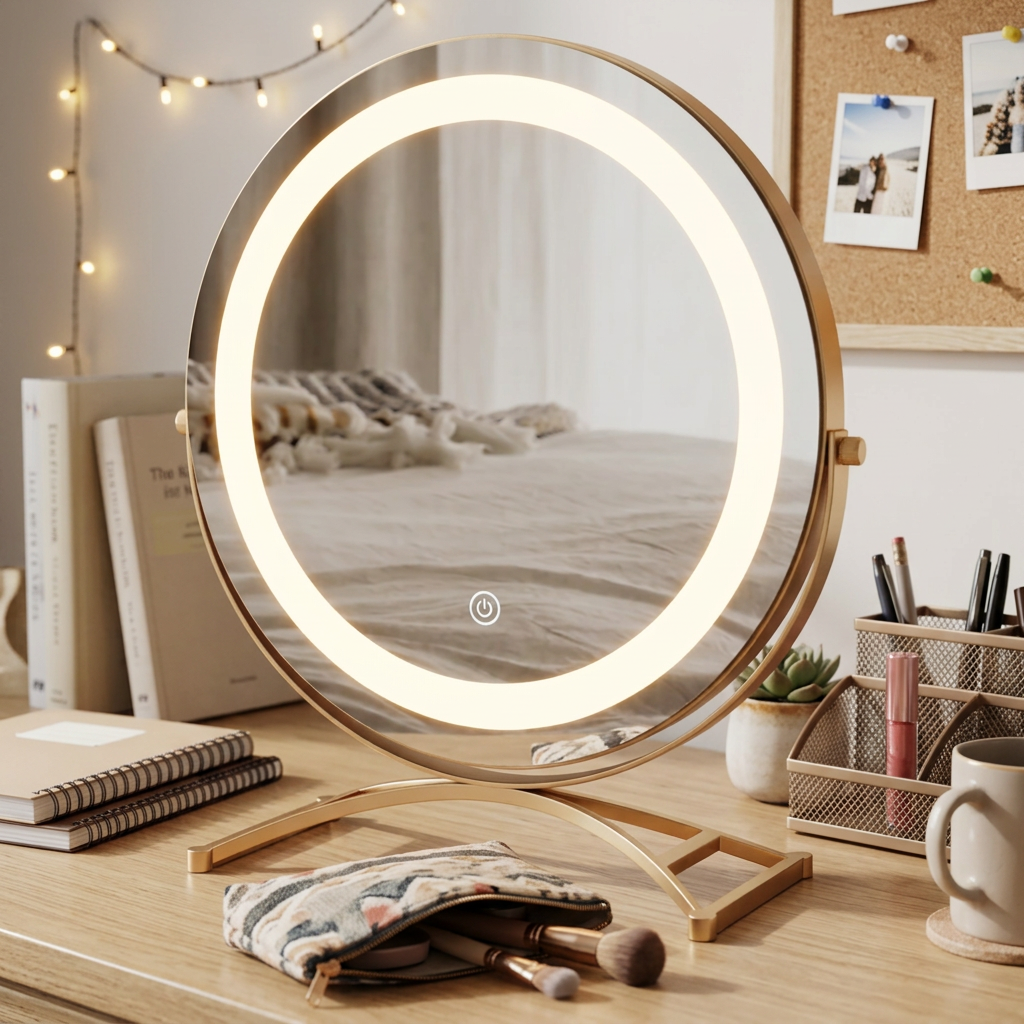 Studio-Series Touch Cordless LED Vanity Mirror in a modern apartment vanity nook