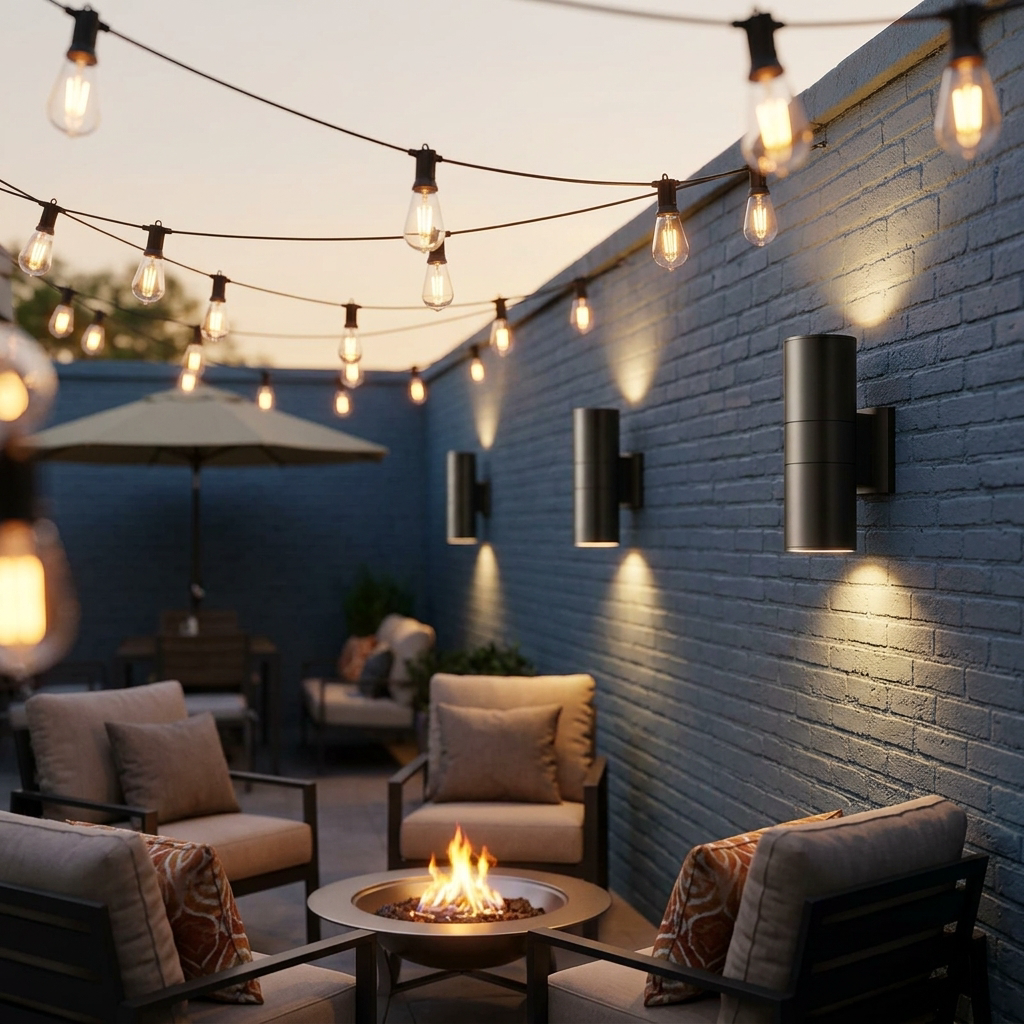 Contemporary-Design LED Waterproof Solar Outdoor String Lights draped on a garden arbor