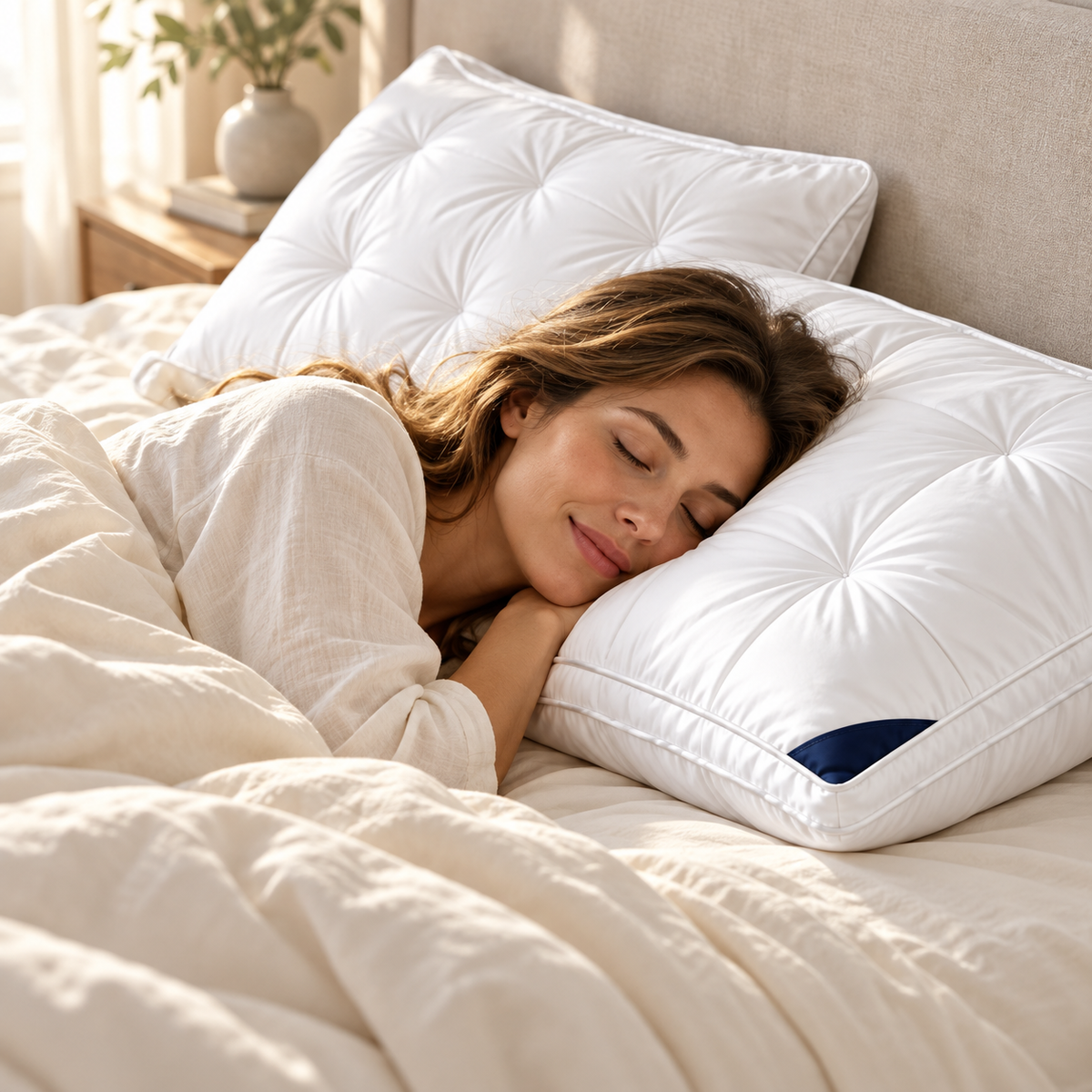 Woman resting on white quilted bed pillows