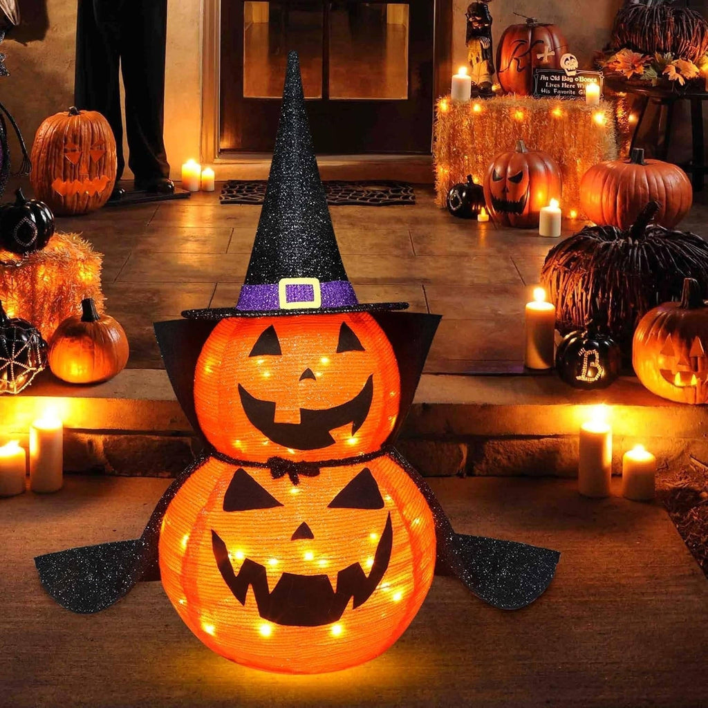 Halloween Pumpkins 3 ft 2 Pack, Lighted Pumpkin Decorations with Hat and Cape, Collapsible Giant Pumpkin Halloween Decorations Outdoor