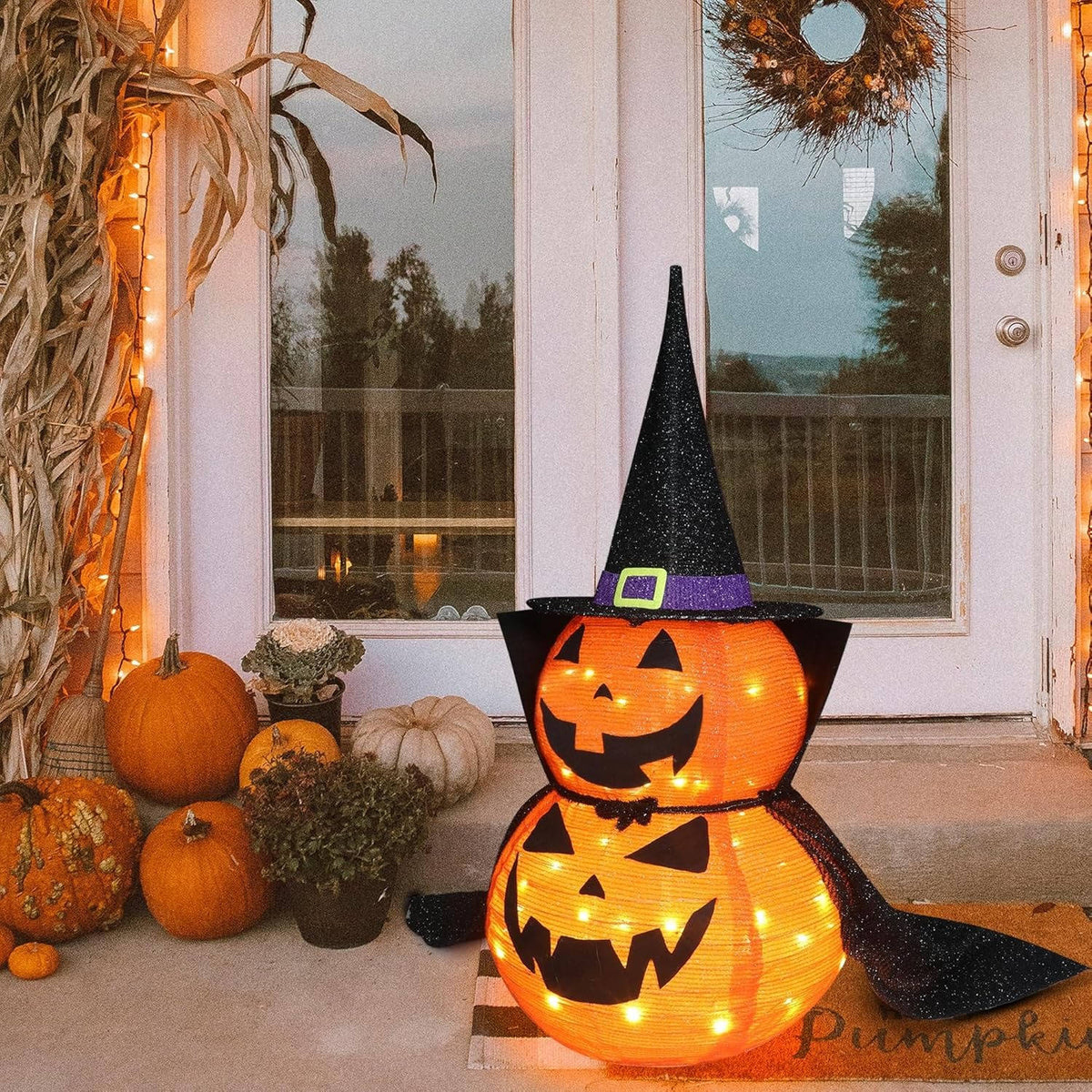Halloween Pumpkins 3 ft 2 Pack, Lighted Pumpkin Decorations with Hat and Cape, Collapsible Giant Pumpkin Halloween Decorations Outdoor
