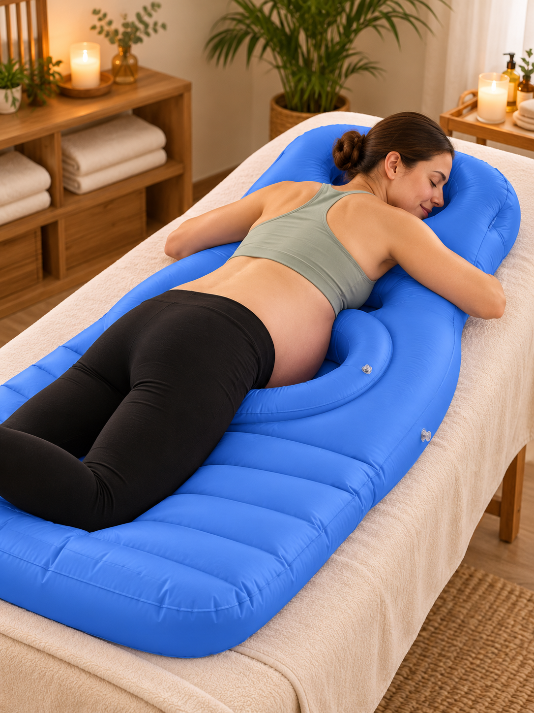 Pregnant woman using a blue inflatable pregnancy pillow in a prenatal massage room