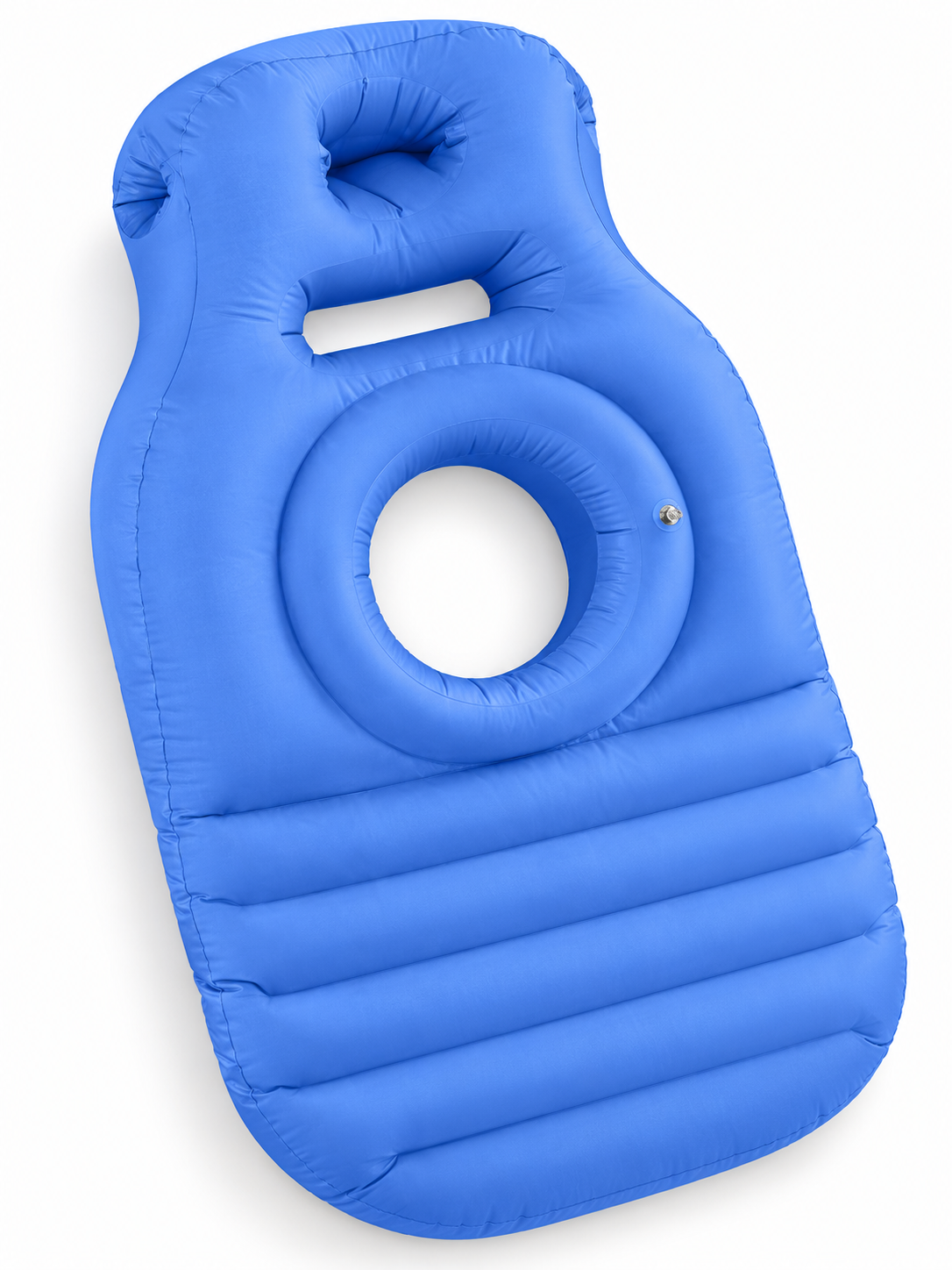 Blue inflatable pregnancy pillow with face, arm and belly openings on a white background