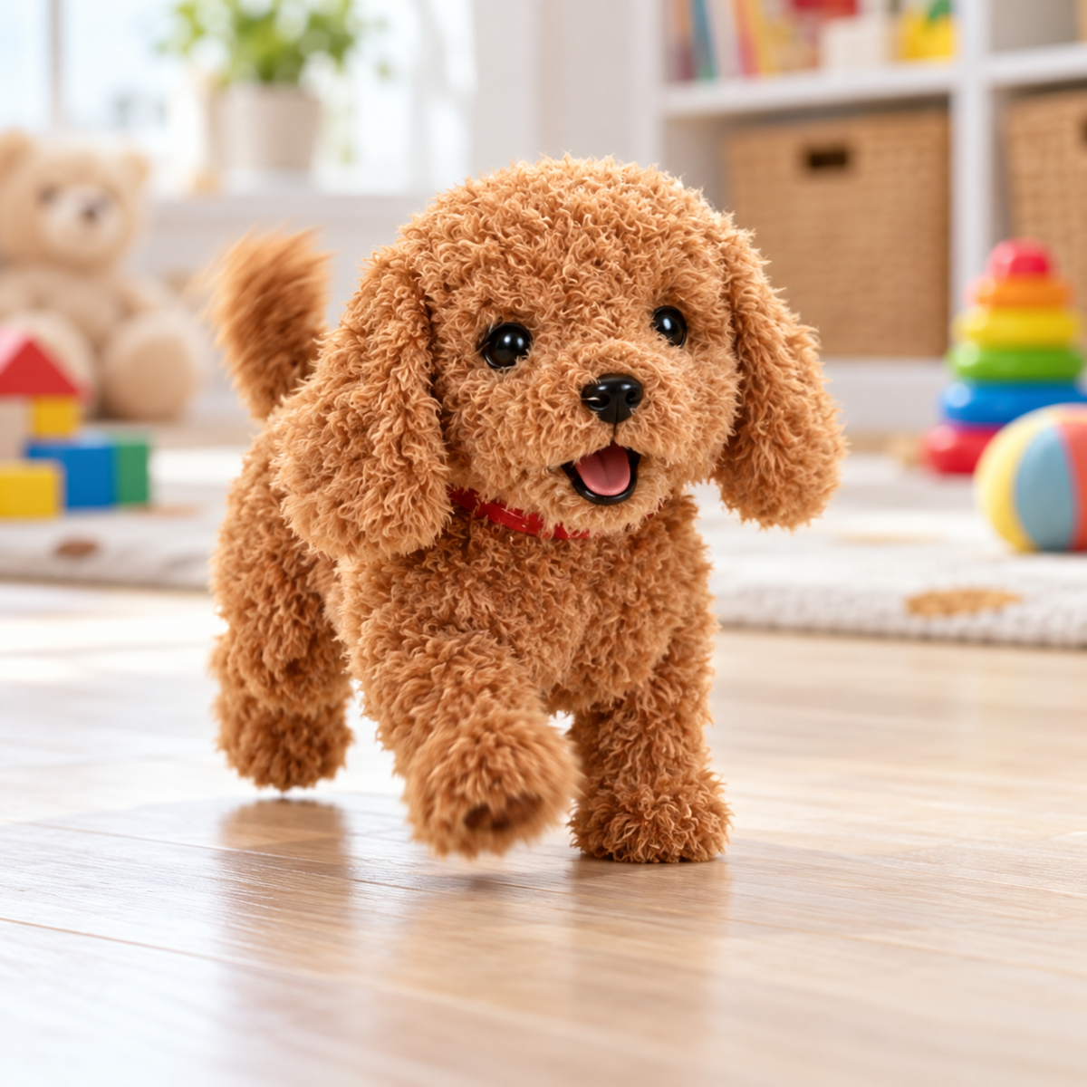 Interactive Robot Puppy Companion Toy barking while walking in a playroom