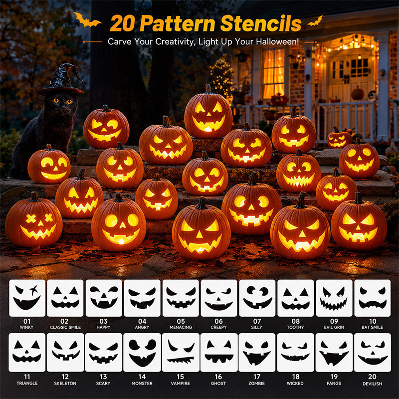 36 Piece Pumpkin Carving Kit with 20 Stencils & LEDs