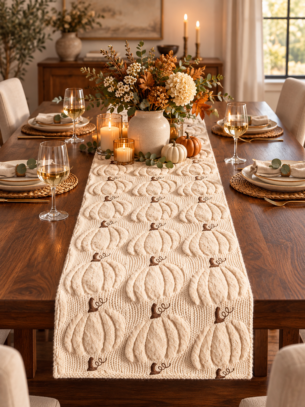 Cream knit pumpkin table runner styled on an elegant walnut dining table
