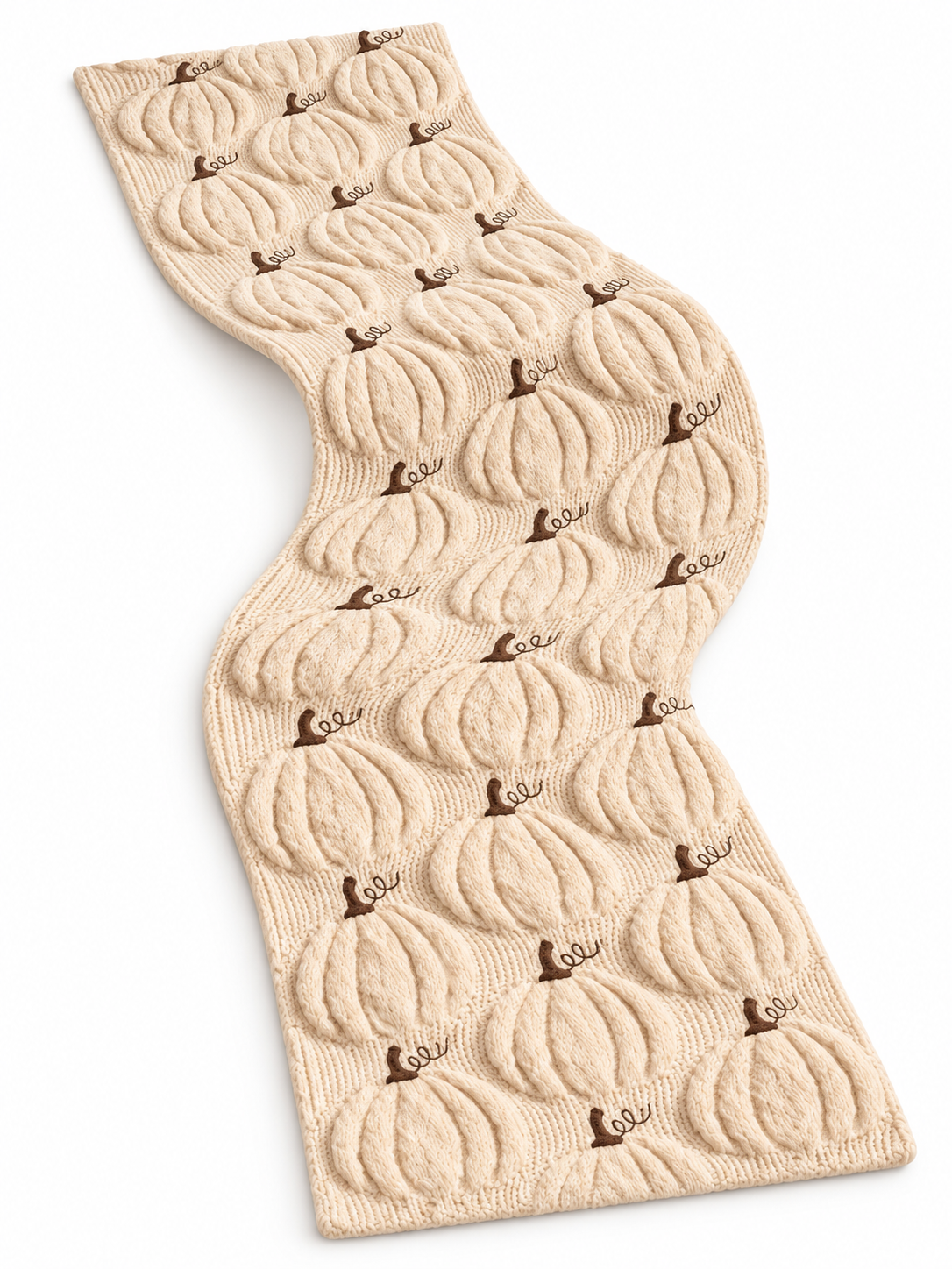 Cream cable knit pumpkin Halloween table runner on a seamless white background