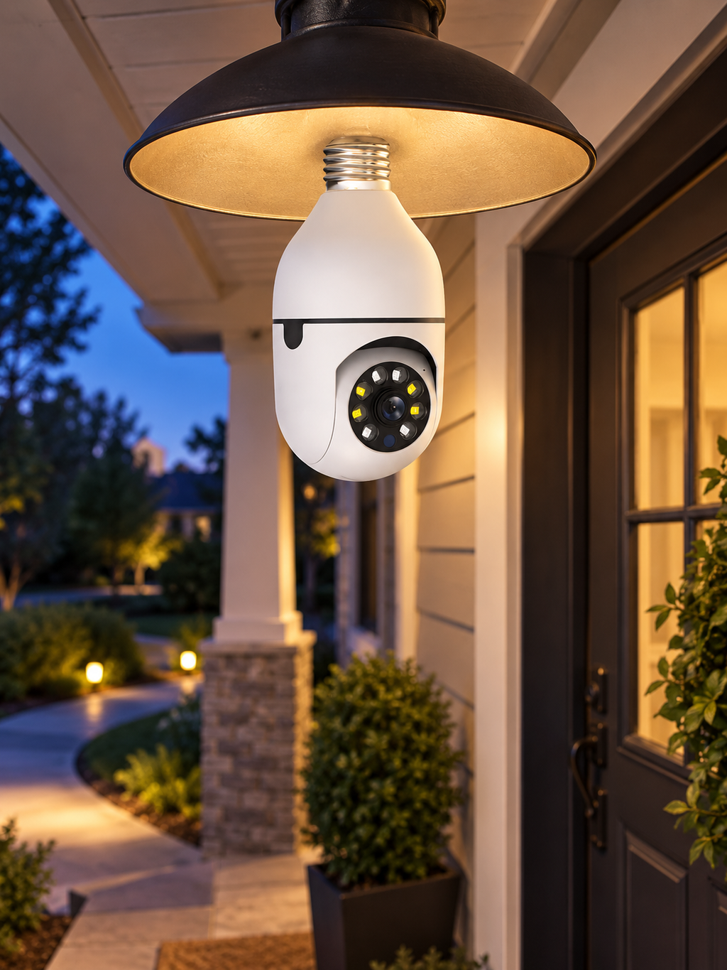 White screw-in light bulb security camera installed above a front porch