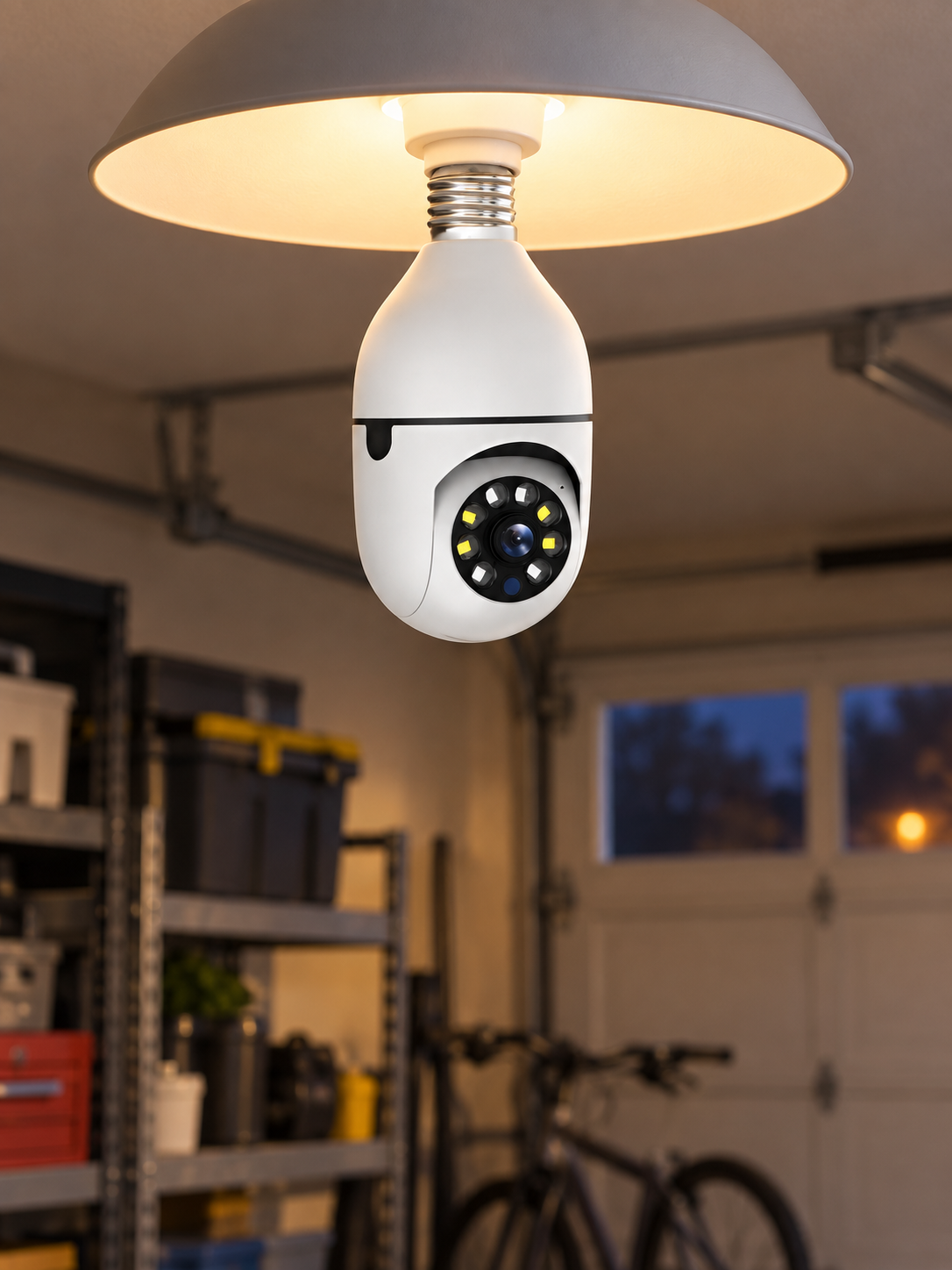 White screw-in light bulb security camera installed in a residential garage