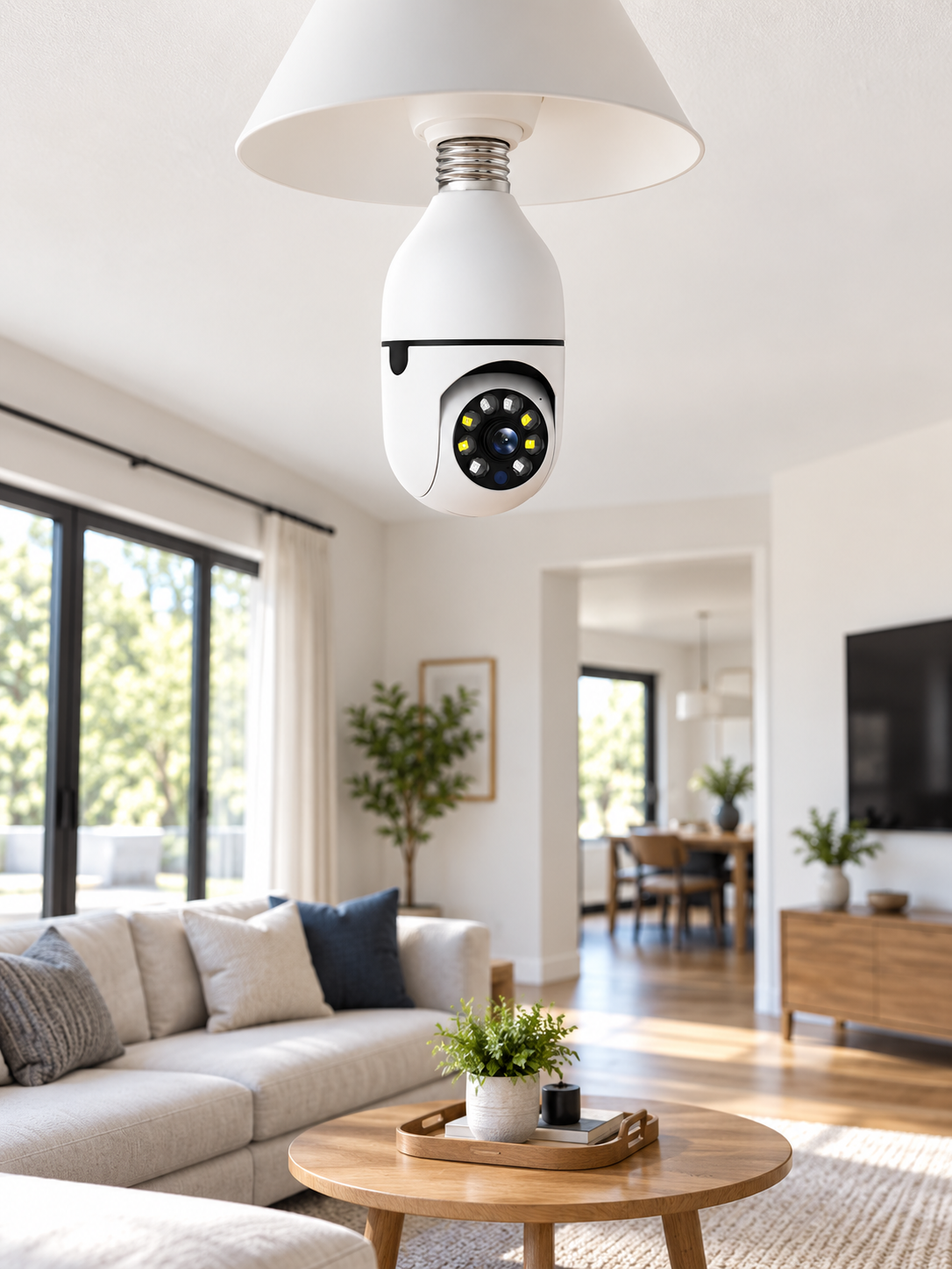 White screw-in light bulb security camera installed in a modern living room