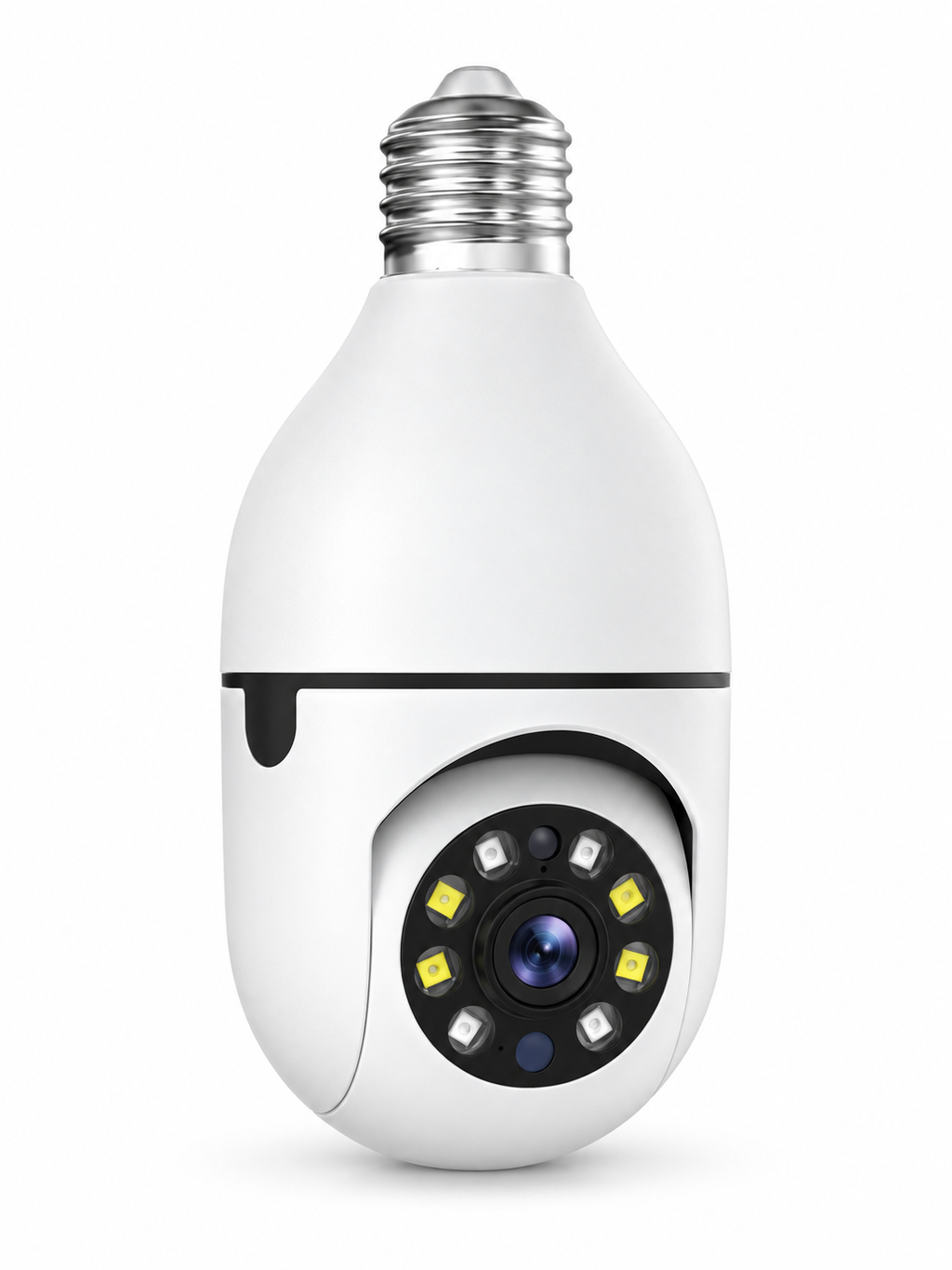 White screw-in light bulb security camera on a seamless white background