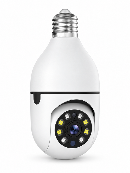 White screw-in light bulb security camera on a seamless white background