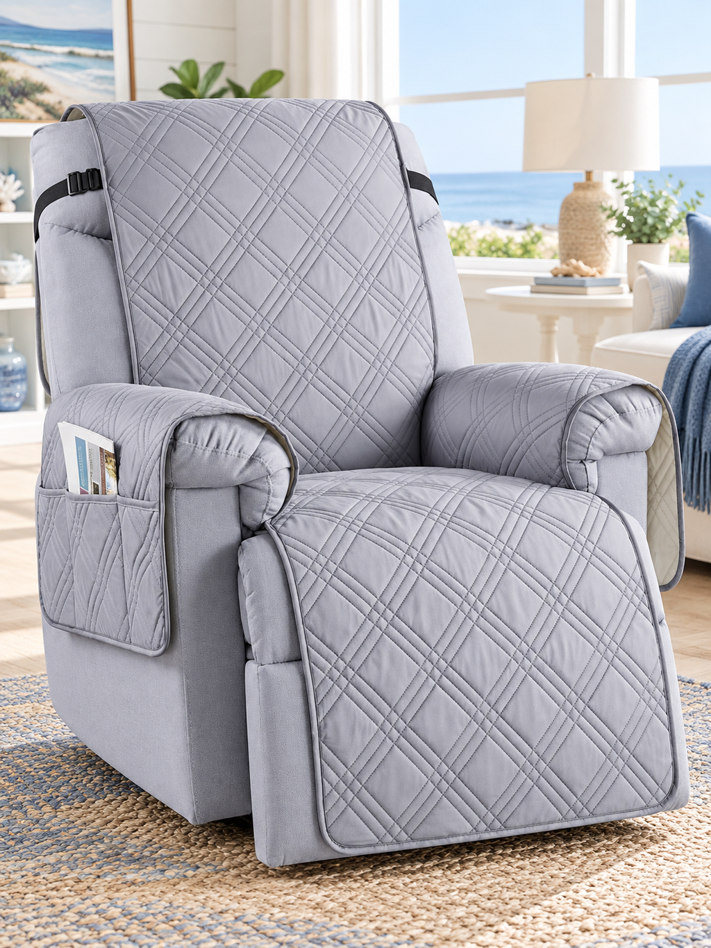 Light gray quilted recliner cover installed in a bright coastal living room