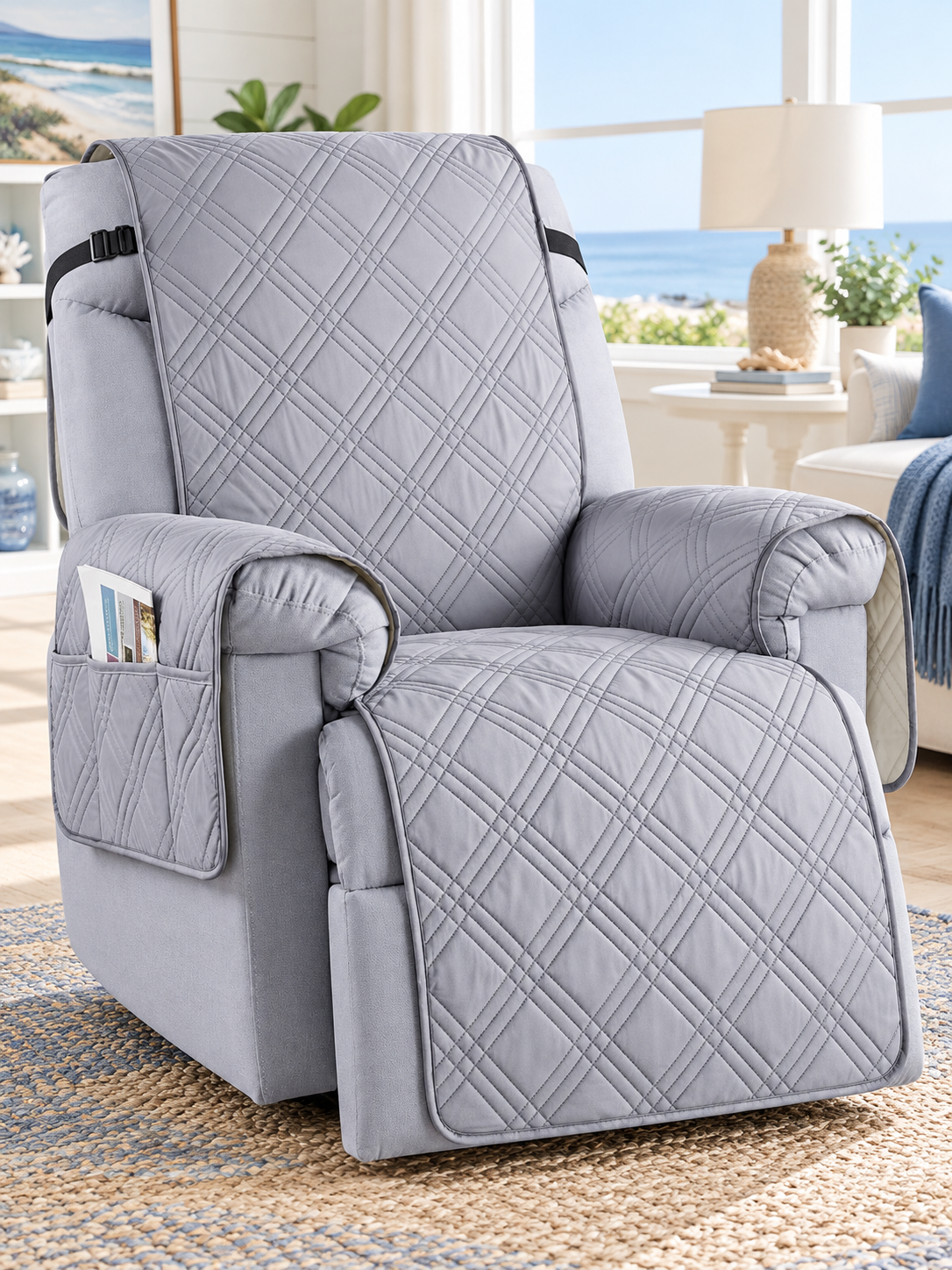 Light gray quilted recliner cover installed in a bright coastal living room