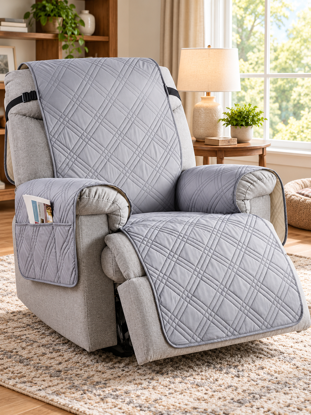 Light gray quilted waterproof recliner cover installed in a family room