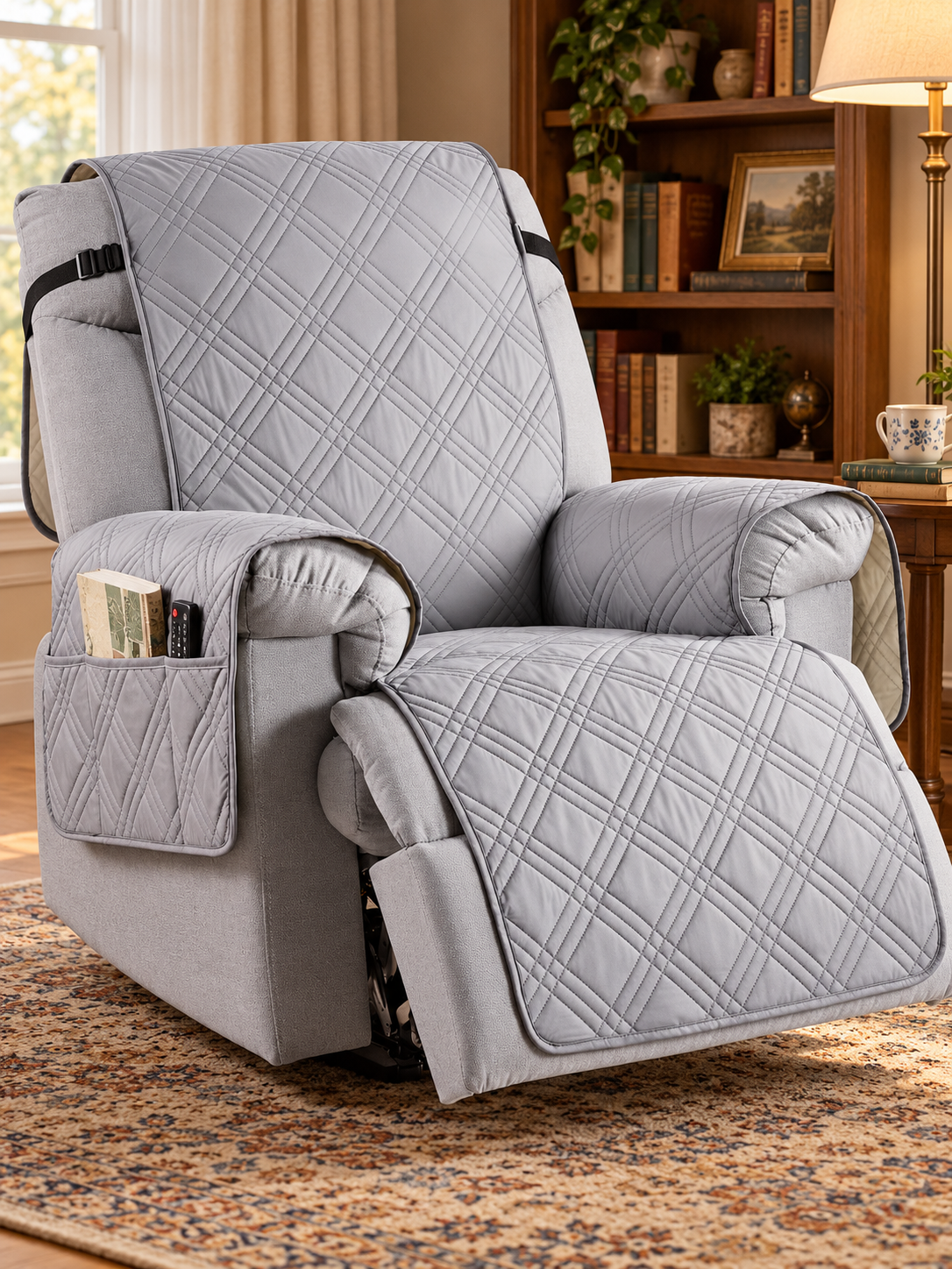 Light gray quilted recliner cover with side pockets in a reading corner
