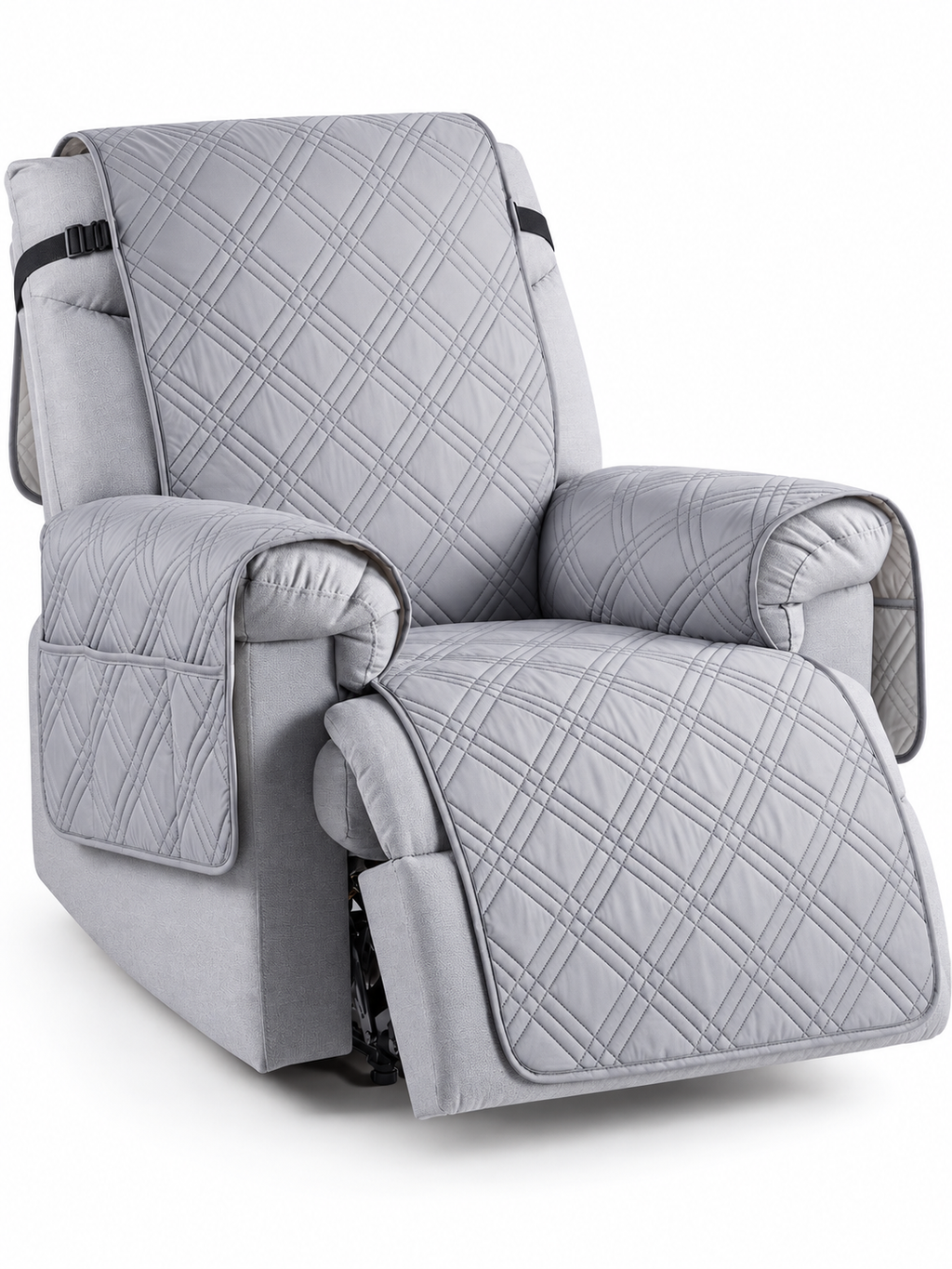 Light gray quilted waterproof recliner cover with side pockets on a white background