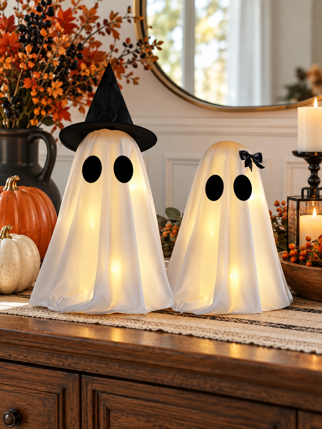 Two lighted white Halloween ghost figurines on a dining room sideboard